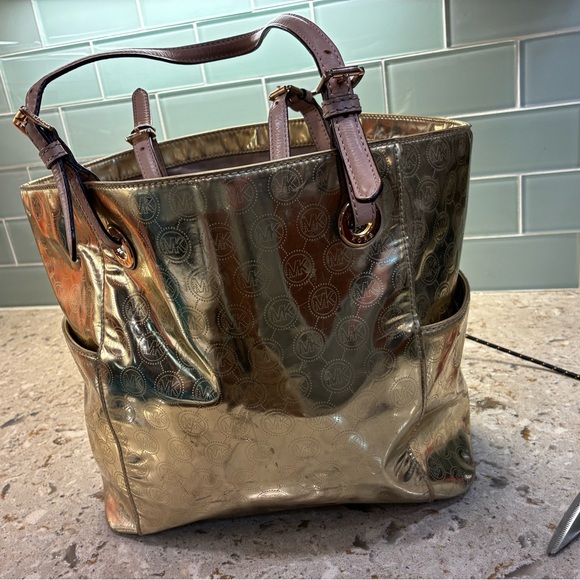 Michael Kors Metallic Gold Logo Tote with Leather Trim - Picture 2 of 11
